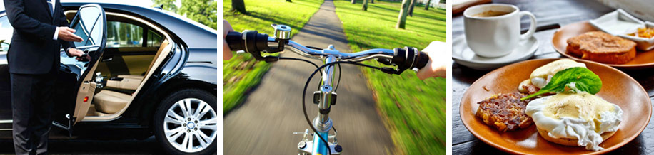 bandeau de 3 photos avec un chauffeur de VTC qui ouvre une portière, guidon de vélo sur une piste cyclable, assiette brunch gourmande